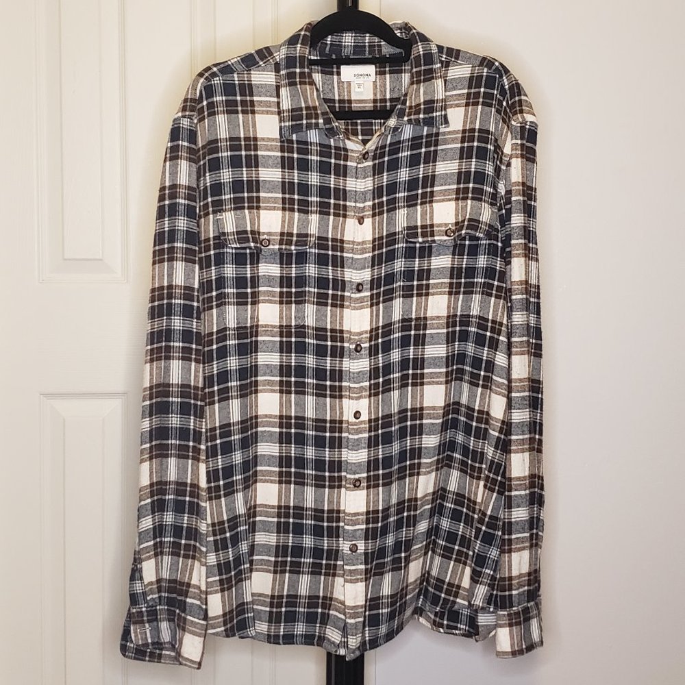 Men's Sonoma Blue Red White Plaid Pattern Long Sleeve Flannel XL